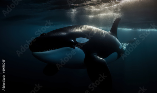 Photo of killer whale, majestic & powerful, swimming through deep blue ocean, illuminated by refracted light of the sun above emphasizing sleek form and impressive size of the whale. Generative AI © Bartek