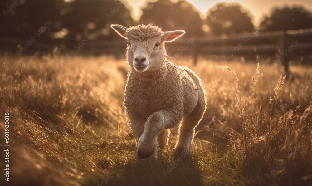 Obraz premium photo of lamb running happily in tall grass at sunset. Generative AI