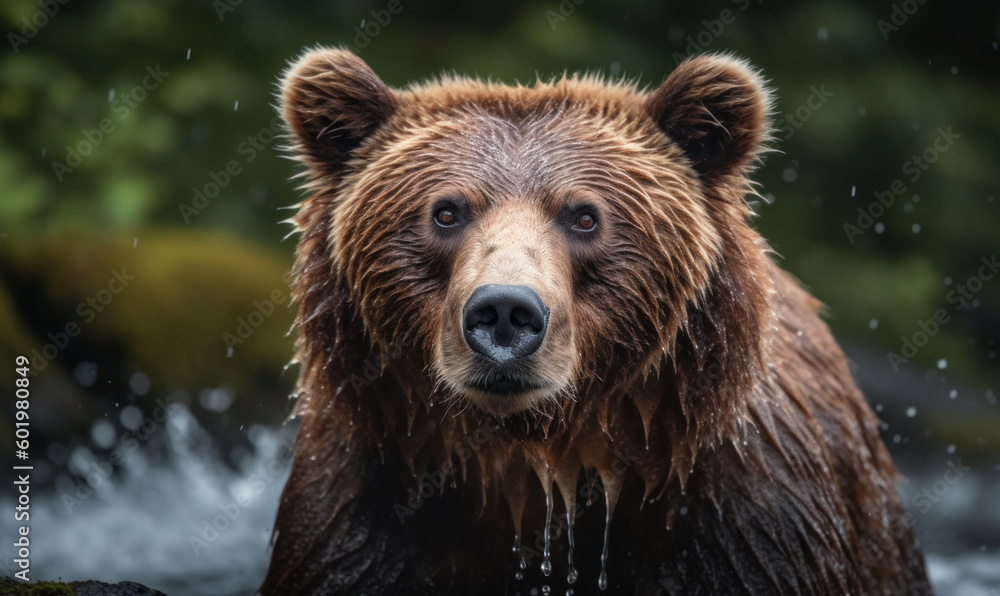 Photo of Kodiak bear towering over cascading waterfall with fierce determination in its eyes. image showcases bear's massive size & power, with light highlighting its majestic presence. Generative AI Photo of Kodiak bear towering over cascading waterfall with fierce determination in its eyes. image showcases bear's massive size & power, with light highlighting its majestic presence. Generative AI