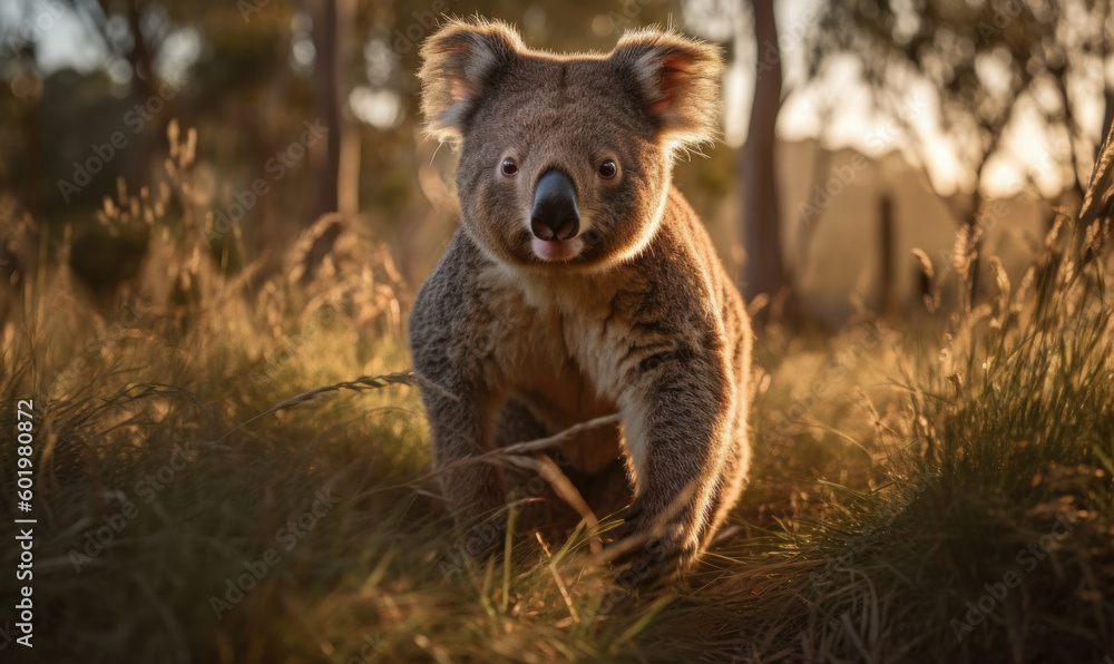 Obraz premium photo of koala jumping in tall grass at sunset. Generative AI