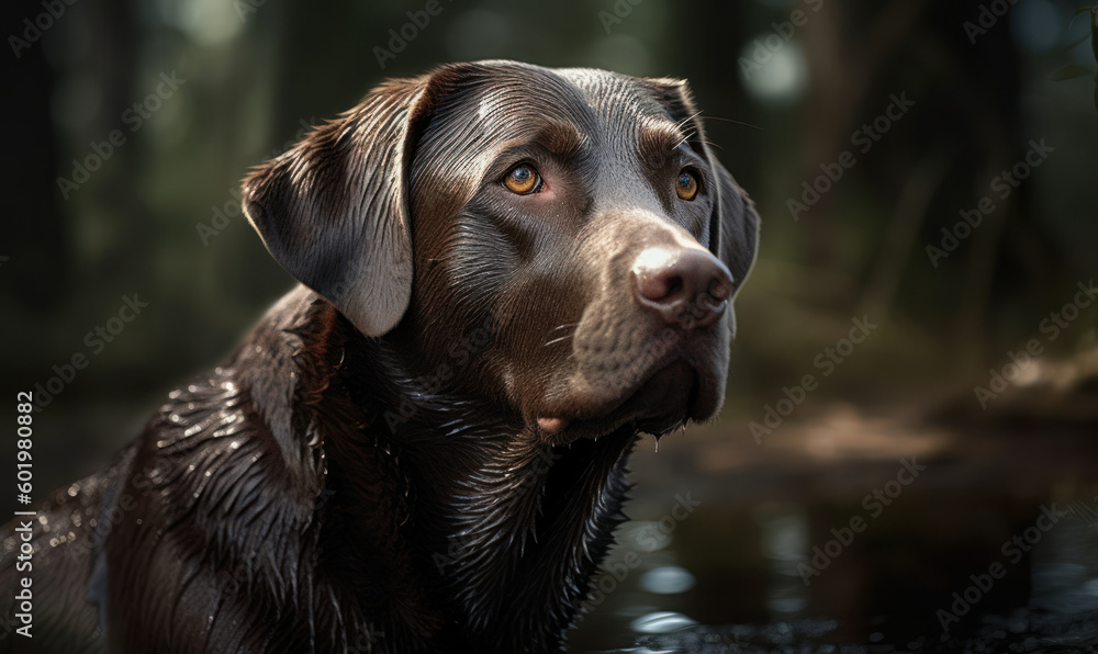 close up photo of Labrador Retriever on blurry forest background. Generative AI close up photo of Labrador Retriever on blurry forest background. Generative AI
