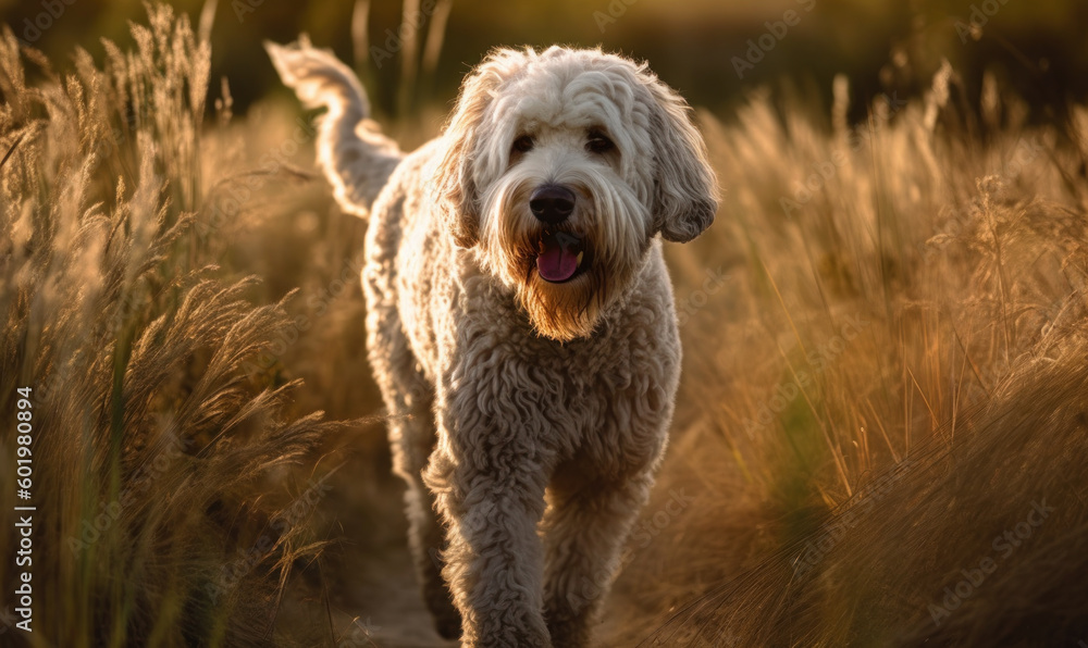 Fototapeta premium photo of happy komondor dog in tall grass at sunset. Generative AI