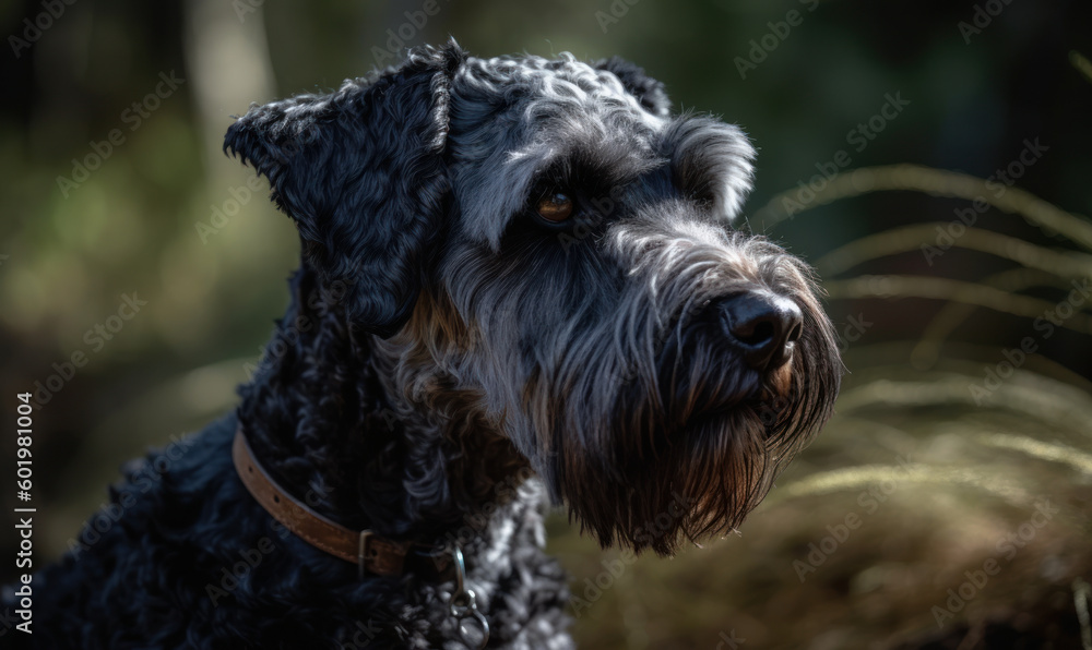 close up photo of Kerry blue terrier on blurry forest background. Generative AI