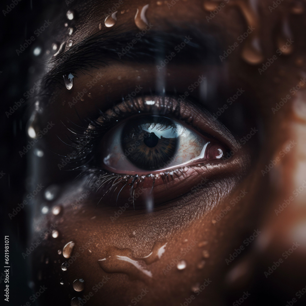 Close-up of a woman's eye, with water drops on the skin, colourful make-up and iris, AI generated and digitally post-processed illustration. Close-up of a woman's eye, with water drops on the skin, colourful make-up and iris, AI generated and digitally post-processed illustration.