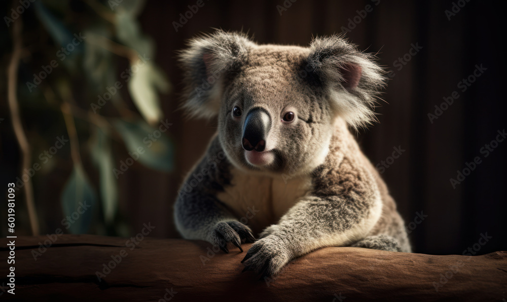 studio photo shot of koala with eucalyptus tree branch. Generative AI studio photo shot of koala with eucalyptus tree branch. Generative AI