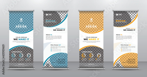 Blue and Orange Corporate Roll-Up Banner Design Vertical Template. vector, abstract geometric background, modern x-banner and flag-banner, rectangle size.
