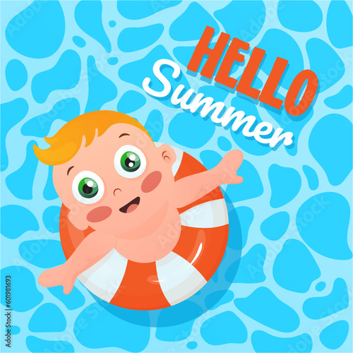 Child swimming in pool with red and white lifebuoy in blue pool water