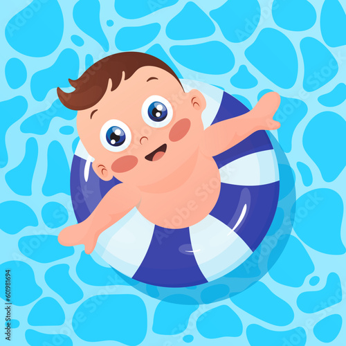 Child swimming in pool with lifebuoy in blue pool water