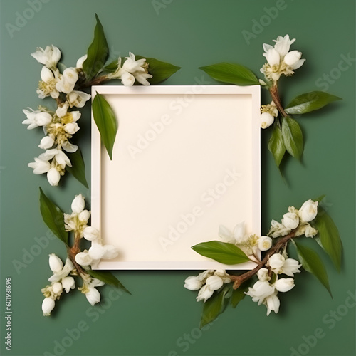Elegant wooden frame with blank space with green leaf and white flower. Pastel background. Minimal Concept. Generative AI.