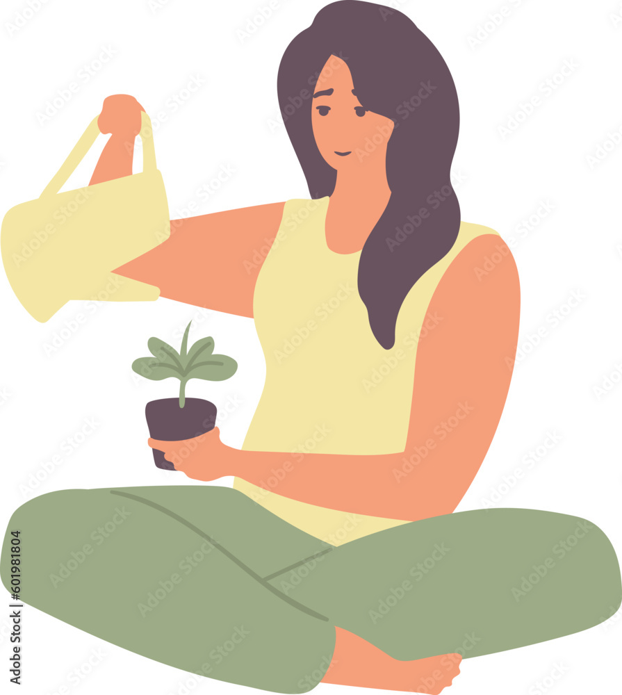 Woman watering a plant in a pot. Flat vector illustration isolated on white background. Woman watering a plant in a pot. Flat vector illustration isolated on white background.