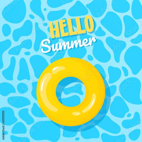 Hello summer card. Lifebuoy in blue pool water