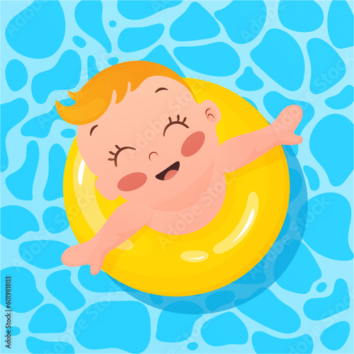 child swimming in pool with yellow lifebuoy in blue pool water