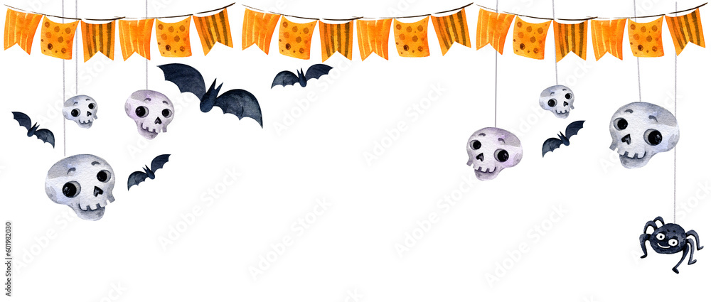 watercolor background of halloween theme with bats, funny scull, orange flags, hand drawn sketch, halloween illustration on white background watercolor background of halloween theme with bats, funny scull, orange flags, hand drawn sketch, halloween illustration on white background