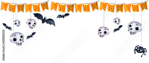 watercolor background of halloween theme with bats  funny scull  orange flags  hand drawn sketch  halloween illustration on white background
