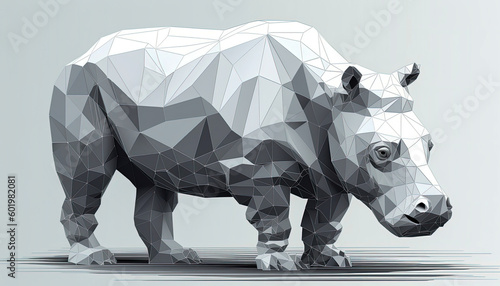 Low poly rhino shape with geometric triangle texture on gray background. 3d printed. 3d Models. Generative AI