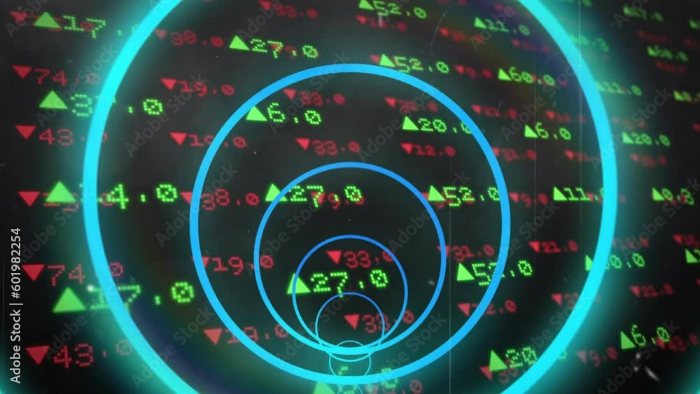 Animation of glowing blue spiral in seamless pattern against stock market data processing Animation of glowing blue spiral in seamless pattern against stock market data processing