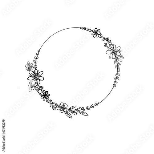 Hand-Drawn Line Art of Flowers and Leaves Circle Frame on Transparent PNG Background