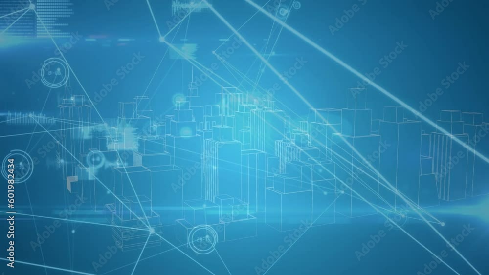 Animation of network of connections with data processing over cityscape Animation of network of connections with data processing over cityscape