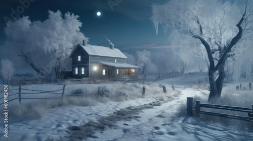 landscape with snow house in the village. Fabulous night view with full moon. Winter wonderland with footprints in the snow. Generative AI © Margo_Alexa