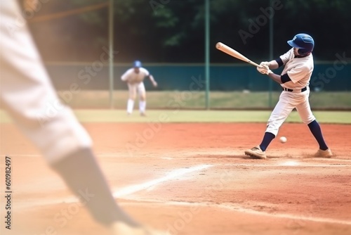 man hit team bat player athlete sport baseball ball game field. Generative AI.