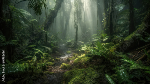 impenetrable rainy forest with misty haze. Generative AI © Margo_Alexa