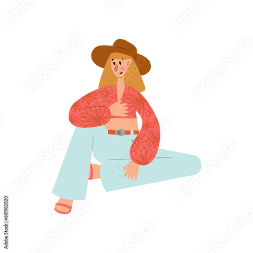 Groovy hippie clipart, People characters set, Young women and men in retro style clothing of 60s and 70s illustration, Multi-ethnic hitchhikers with guitar and luggage on a road trip vector clip art.