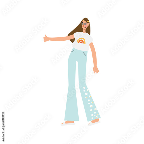 Groovy hippie clipart, People characters set, Young women and men in retro style clothing of 60s and 70s illustration, Multi-ethnic hitchhikers with guitar and luggage on a road trip vector clip art.