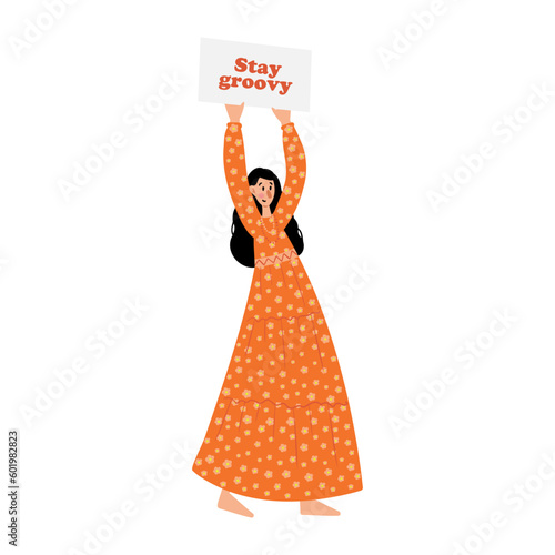 Groovy hippie clipart, People characters set, Young women and men in retro style clothing of 60s and 70s illustration, Multi-ethnic hitchhikers with guitar and luggage on a road trip vector clip art.