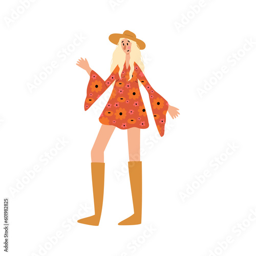 Groovy hippie clipart, People characters set, Young women and men in retro style clothing of 60s and 70s illustration, Multi-ethnic hitchhikers with guitar and luggage on a road trip vector clip art.