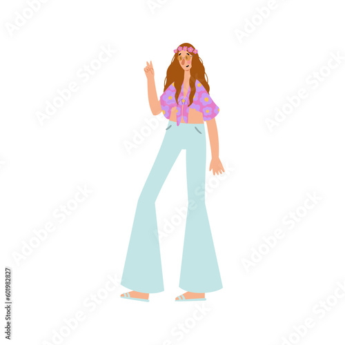 Groovy hippie clipart, People characters set, Young women and men in retro style clothing of 60s and 70s illustration, Multi-ethnic hitchhikers with guitar and luggage on a road trip vector clip art.