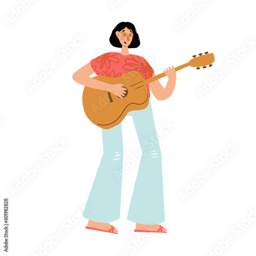 Groovy hippie clipart, People characters set, Young women and men in retro style clothing of 60s and 70s illustration, Multi-ethnic hitchhikers with guitar and luggage on a road trip vector clip art.