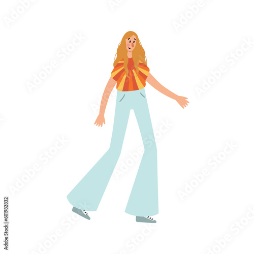 Groovy hippie clipart, People characters set, Young women and men in retro style clothing of 60s and 70s illustration, Multi-ethnic hitchhikers with guitar and luggage on a road trip vector clip art.