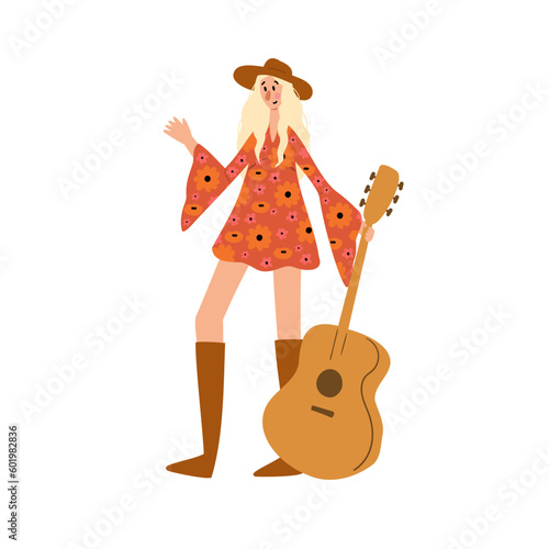Groovy hippie clipart, People characters set, Young women and men in retro style clothing of 60s and 70s illustration, Multi-ethnic hitchhikers with guitar and luggage on a road trip vector clip art.