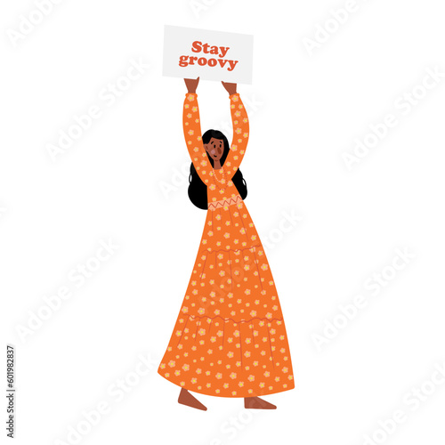 Groovy hippie clipart, People characters set, Young women and men in retro style clothing of 60s and 70s illustration, Multi-ethnic hitchhikers with guitar and luggage on a road trip vector clip art.