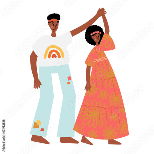 Groovy hippie clipart, People characters set, Young women and men in retro style clothing of 60s and 70s illustration, Multi-ethnic hitchhikers with guitar and luggage on a road trip vector clip art.