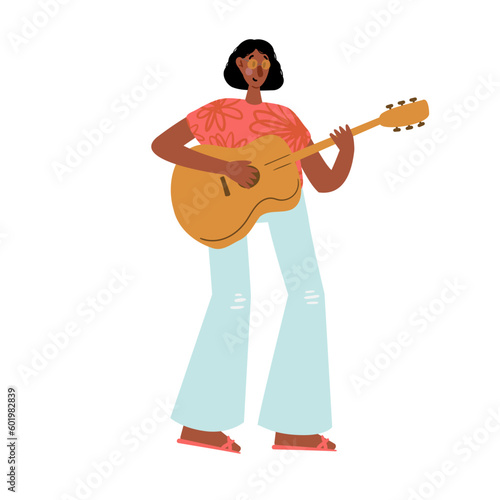 Groovy hippie clipart, People characters set, Young women and men in retro style clothing of 60s and 70s illustration, Multi-ethnic hitchhikers with guitar and luggage on a road trip vector clip art.