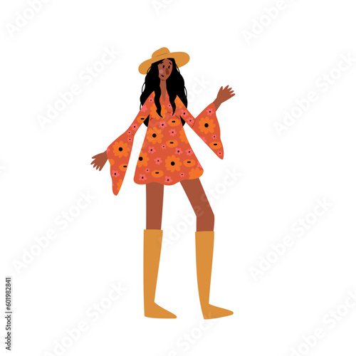 Groovy hippie clipart, People characters set, Young women and men in retro style clothing of 60s and 70s illustration, Multi-ethnic hitchhikers with guitar and luggage on a road trip vector clip art.