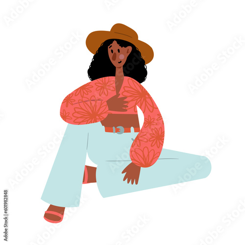 Groovy hippie clipart, People characters set, Young women and men in retro style clothing of 60s and 70s illustration, Multi-ethnic hitchhikers with guitar and luggage on a road trip vector clip art.