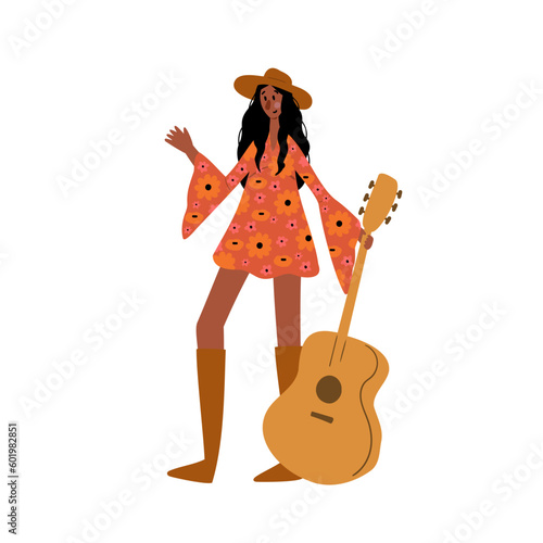 Groovy hippie clipart, People characters set, Young women and men in retro style clothing of 60s and 70s illustration, Multi-ethnic hitchhikers with guitar and luggage on a road trip vector clip art.