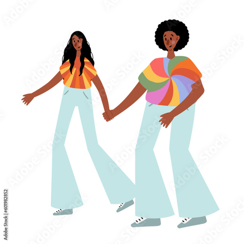 Groovy hippie clipart, People characters set, Young women and men in retro style clothing of 60s and 70s illustration, Multi-ethnic hitchhikers with guitar and luggage on a road trip vector clip art.