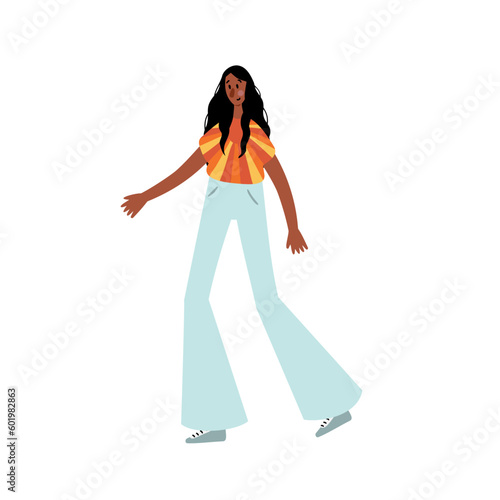 Groovy hippie clipart, People characters set, Young women and men in retro style clothing of 60s and 70s illustration, Multi-ethnic hitchhikers with guitar and luggage on a road trip vector clip art.