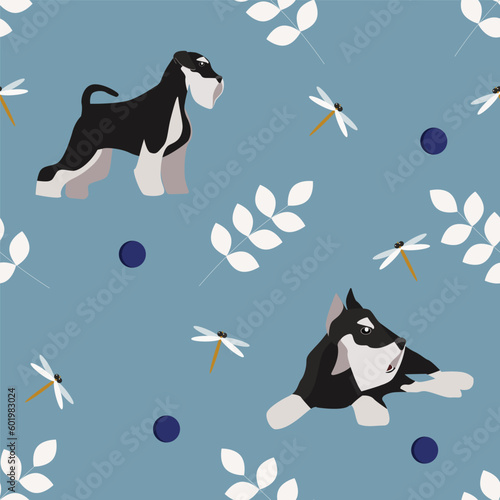 Dog seamless pattern with schnauzer. Vector illustration of a dog, dragonfly and leaves on a light blue background.