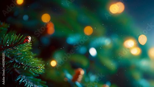 winter Christmas festive background with fir branches  street decorations  balls  with bokeh and space for text  generative ai