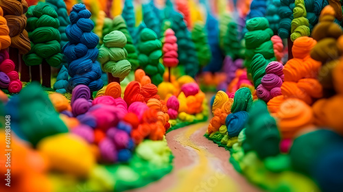 bright forest with colored trees made of plasticine, generative ai