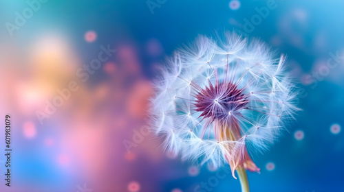 beautiful faded dandelion with seeds on gradient blue green blurred background with space for text, generative ai