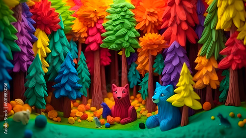 bright forest with animals made of plasticine  generative ai