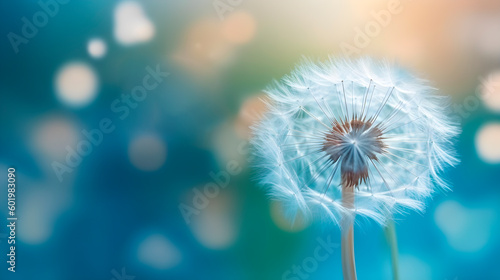 beautiful faded dandelion with seeds on gradient blue green blurred background with space for text  generative ai