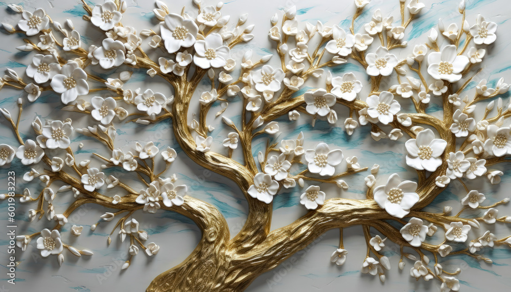 A white-flowered tree painting for wall decor. Generative AI A white-flowered tree painting for wall decor. Generative AI