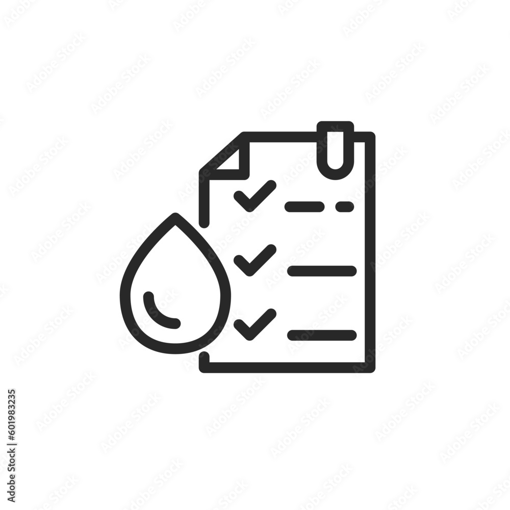 Water Quality Icon. Vector Outline Editable Sign Illustrating a Checklist and a Water Drop, Symbolizing Water Safety and Purity Tests. Water Quality Icon. Vector Outline Editable Sign Illustrating a Checklist and a Water Drop, Symbolizing Water Safety and Purity Tests.