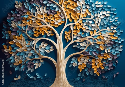 Fototapeta Naklejka Na Ścianę i Meble -  3d wallpaper abstract of colorful floral tree decor, red and sephia fantasy background. Decorative wall art. Generative AI